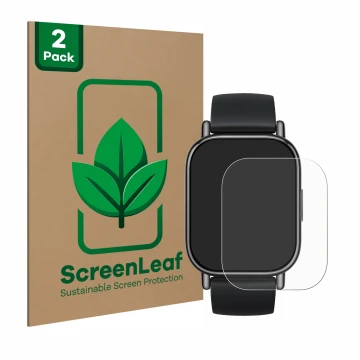 Parte frontal de un envase de producto con el logotipo de la marca ScreenLeaf. Al lado se muestra el dispositivo Xiaomi Redmi 