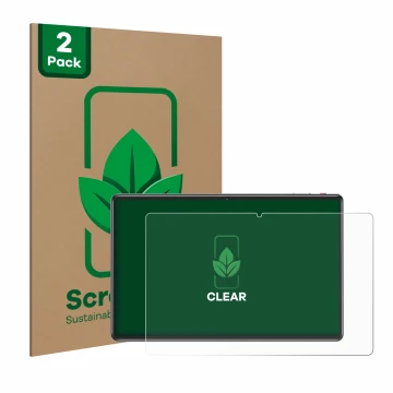 Parte frontal de un envase de producto con el logotipo de la marca ScreenLeaf. Al lado se muestra el dispositivo Facetel Q7 11