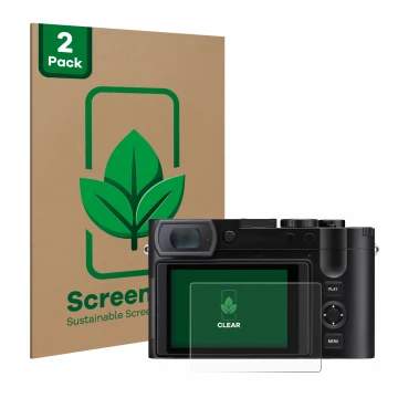 Parte frontal de un envase de producto con el logotipo de la marca ScreenLeaf. Al lado se muestra el dispositivo Leica Q3 43 c