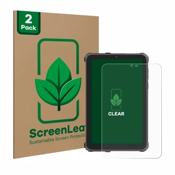 Parte frontal de un envase de producto con el logotipo de la marca ScreenLeaf. Al lado se muestra el dispositivo Oukitel RT3 P