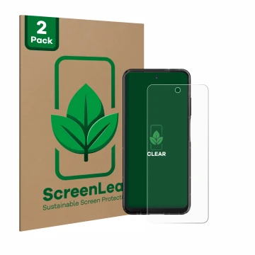 Parte frontal de un envase de producto con el logotipo de la marca ScreenLeaf. Al lado se muestra el dispositivo HMD Fusion co