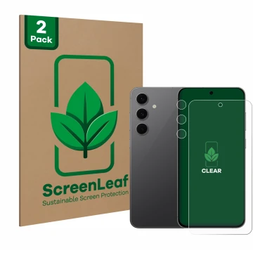Parte frontal de un envase de producto con el logotipo de la marca ScreenLeaf. Al lado se muestra el dispositivo Samsung Galax