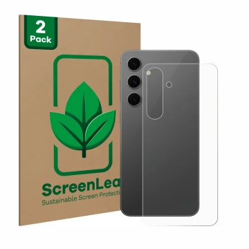 Parte frontal de un envase de producto con el logotipo de la marca ScreenLeaf. Al lado se muestra el dispositivo Samsung Galax