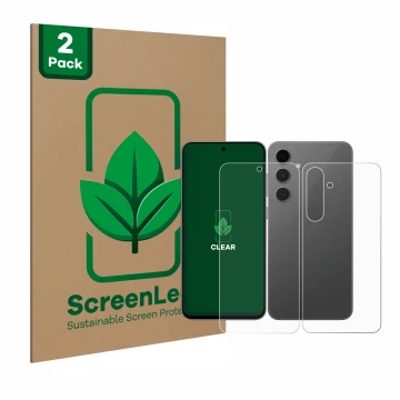 Parte frontal de un envase de producto con el logotipo de la marca ScreenLeaf. Al lado se muestra el dispositivo Samsung Galax