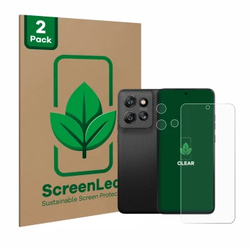 Parte frontal de un envase de producto con el logotipo de la marca ScreenLeaf. Al lado se muestra el dispositivo Motorola Thin