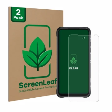 Parte frontal de un envase de producto con el logotipo de la marca ScreenLeaf. Al lado se muestra el dispositivo GlobeXplorer 