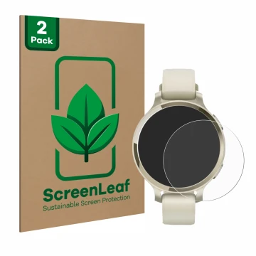 Parte frontal de un envase de producto con el logotipo de la marca ScreenLeaf. Al lado se muestra el dispositivo Garmin Lily 2