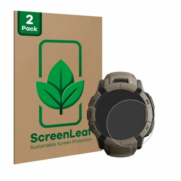 Parte frontal de un envase de producto con el logotipo de la marca ScreenLeaf. Al lado se muestra el dispositivo Garmin Instin