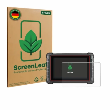 Parte frontal de un envase de producto con el logotipo de la marca ScreenLeaf. Al lado se muestra el dispositivo Autel MK900BT