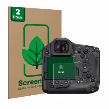 Parte frontal de un envase de producto con el logotipo de la marca ScreenLeaf. Al lado se muestra el dispositivo Canon EOS R1 