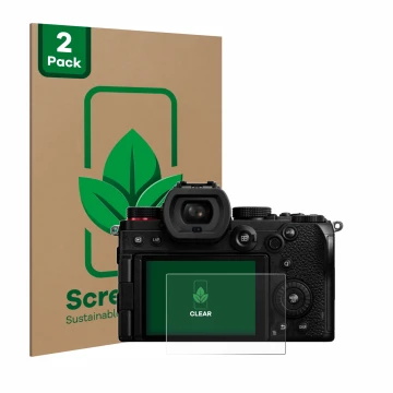 Parte frontal de un envase de producto con el logotipo de la marca ScreenLeaf. Al lado se muestra el dispositivo Panasonic Lum