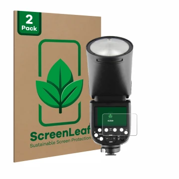 Parte frontal de un envase de producto con el logotipo de la marca ScreenLeaf. Al lado se muestra el dispositivo Godox TT685 I
