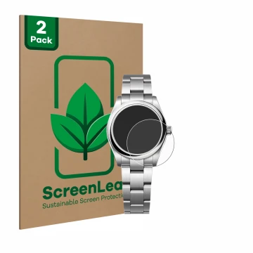 Parte frontal de un envase de producto con el logotipo de la marca ScreenLeaf. Al lado se muestra el dispositivo Rolex Oyster 