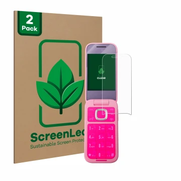 Parte frontal de un envase de producto con el logotipo de la marca ScreenLeaf. Al lado se muestra el dispositivo HMD Barbie Ph