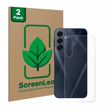 Parte frontal de un envase de producto con el logotipo de la marca ScreenLeaf. Al lado se muestra el dispositivo Samsung Galax