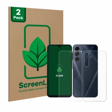 Parte frontal de un envase de producto con el logotipo de la marca ScreenLeaf. Al lado se muestra el dispositivo Samsung Galax