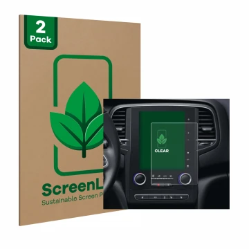 Parte frontal de un envase de producto con el logotipo de la marca ScreenLeaf. Al lado se muestra el dispositivo Renault Sceni