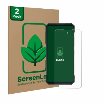 Parte frontal de un envase de producto con el logotipo de la marca ScreenLeaf. Al lado se muestra el dispositivo Doogee S200 c