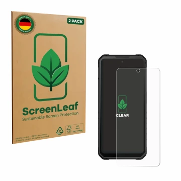 Parte frontal de un envase de producto con el logotipo de la marca ScreenLeaf. Al lado se muestra el dispositivo iiiF150 Rapto