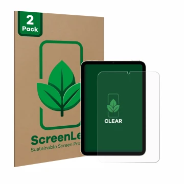 Parte frontal de un envase de producto con el logotipo de la marca ScreenLeaf. Al lado se muestra el dispositivo Apple iPad Mi