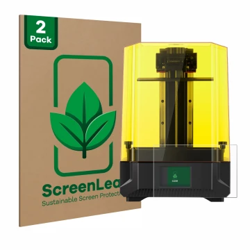 Parte frontal de un envase de producto con el logotipo de la marca ScreenLeaf. Al lado se muestra el dispositivo Anycubic Phot