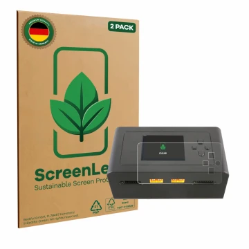 Parte frontal de un envase de producto con el logotipo de la marca ScreenLeaf. Al lado se muestra el dispositivo Gens Ace IMAR