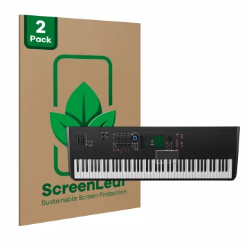 Parte frontal de un envase de producto con el logotipo de la marca ScreenLeaf. Al lado se muestra el dispositivo Yamaha MODX8+