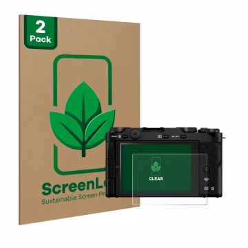Parte frontal de un envase de producto con el logotipo de la marca ScreenLeaf. Al lado se muestra el dispositivo Fujifilm X-M5
