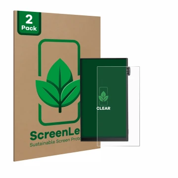 Parte frontal de un envase de producto con el logotipo de la marca ScreenLeaf. Al lado se muestra el dispositivo iBasso DX180 