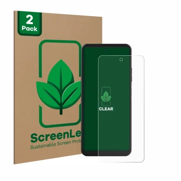 Parte frontal de un envase de producto con el logotipo de la marca ScreenLeaf. Al lado se muestra el dispositivo Hotwav Note 1