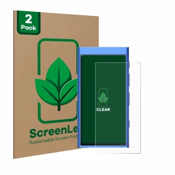 Parte frontal de un envase de producto con el logotipo de la marca ScreenLeaf. Al lado se muestra el dispositivo Hiby Digital 