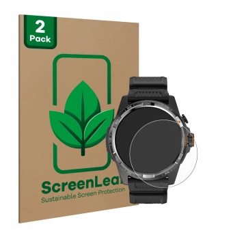 Parte frontal de un envase de producto con el logotipo de la marca ScreenLeaf. Al lado se muestra el dispositivo Mobvoi Ticwat