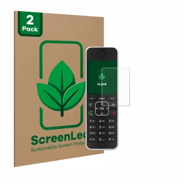 Parte frontal de un envase de producto con el logotipo de la marca ScreenLeaf. Al lado se muestra el dispositivo AVM Fritz!Fon