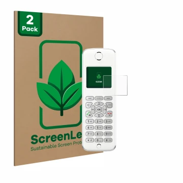 Parte frontal de un envase de producto con el logotipo de la marca ScreenLeaf. Al lado se muestra el dispositivo AVM Fritz!Fon