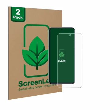 Parte frontal de un envase de producto con el logotipo de la marca ScreenLeaf. Al lado se muestra el dispositivo Infinix Hot 5