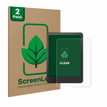 Parte frontal de un envase de producto con el logotipo de la marca ScreenLeaf. Al lado se muestra el dispositivo Amazon Kindle