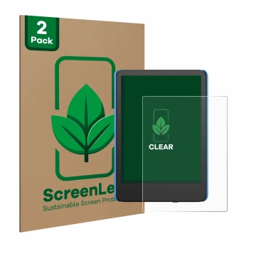 Parte frontal de un envase de producto con el logotipo de la marca ScreenLeaf. Al lado se muestra el dispositivo Amazon Kindle