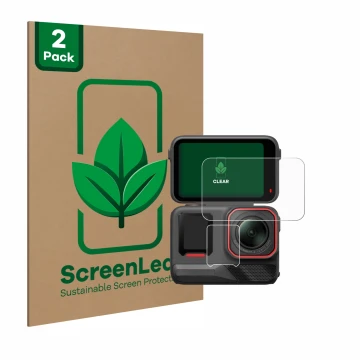 Parte frontal de un envase de producto con el logotipo de la marca ScreenLeaf. Al lado se muestra el dispositivo Insta360 Ace 