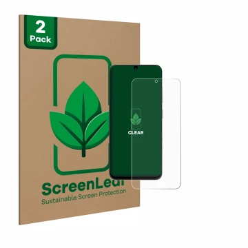 Parte frontal de un envase de producto con el logotipo de la marca ScreenLeaf. Al lado se muestra el dispositivo ZTE Blade A35