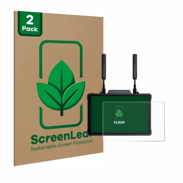 Parte frontal de un envase de producto con el logotipo de la marca ScreenLeaf. Al lado se muestra el dispositivo Hollyland Pyr