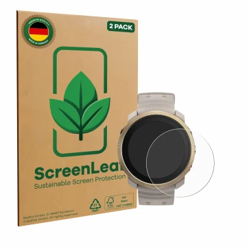 Parte frontal de un envase de producto con el logotipo de la marca ScreenLeaf. Al lado se muestra el dispositivo Polar Vantage