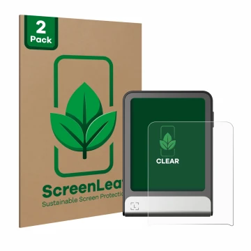 Parte frontal de un envase de producto con el logotipo de la marca ScreenLeaf. Al lado se muestra el dispositivo Ledger Flex c