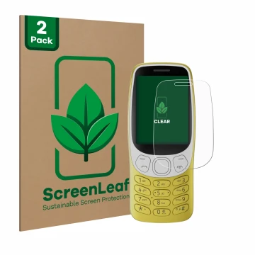 Parte frontal de un envase de producto con el logotipo de la marca ScreenLeaf. Al lado se muestra el dispositivo Nokia 3210 co