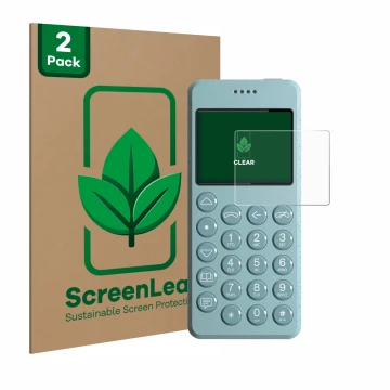 Parte frontal de un envase de producto con el logotipo de la marca ScreenLeaf. Al lado se muestra el dispositivo Punkt MP02 co