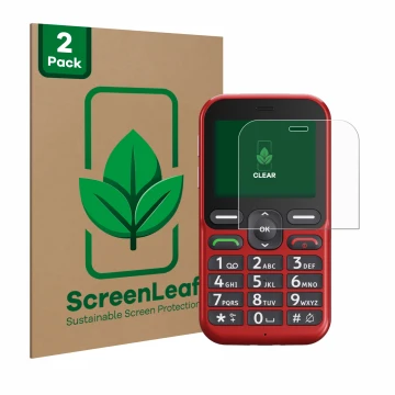 Parte frontal de un envase de producto con el logotipo de la marca ScreenLeaf. Al lado se muestra el dispositivo Doro Leva L10