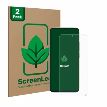 Parte frontal de un envase de producto con el logotipo de la marca ScreenLeaf. Al lado se muestra el dispositivo Xiaomi 15 con