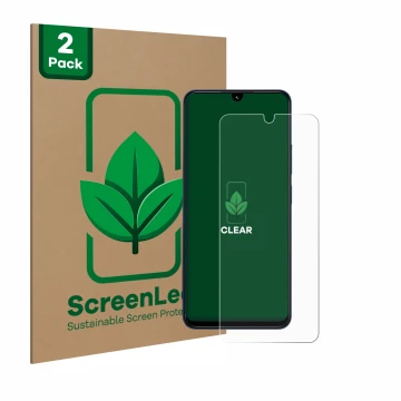 Parte frontal de un envase de producto con el logotipo de la marca ScreenLeaf. Al lado se muestra el dispositivo Xiaomi Redmi 