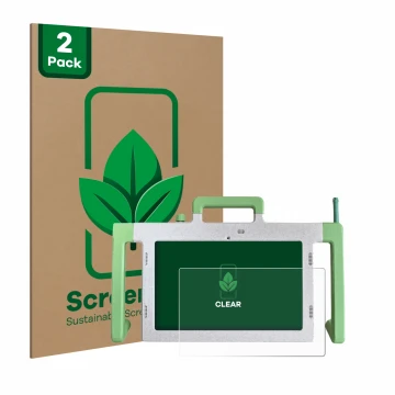 Parte frontal de un envase de producto con el logotipo de la marca ScreenLeaf. Al lado se muestra el dispositivo Telemarie Tab