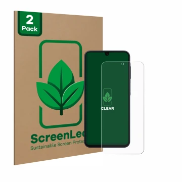Parte frontal de un envase de producto con el logotipo de la marca ScreenLeaf. Al lado se muestra el dispositivo Samsung Galax