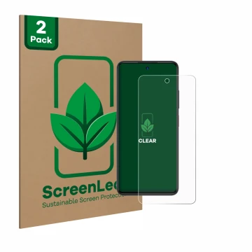 Parte frontal de un envase de producto con el logotipo de la marca ScreenLeaf. Al lado se muestra el dispositivo ZTE Blade A75